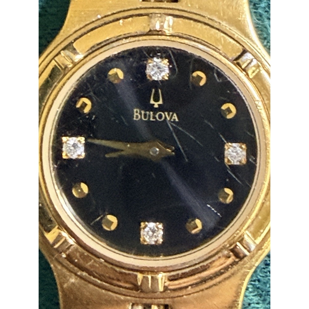 Vintage Bulova Quartz Diamond Black Dial Gold Tone 30 Year Service Watch